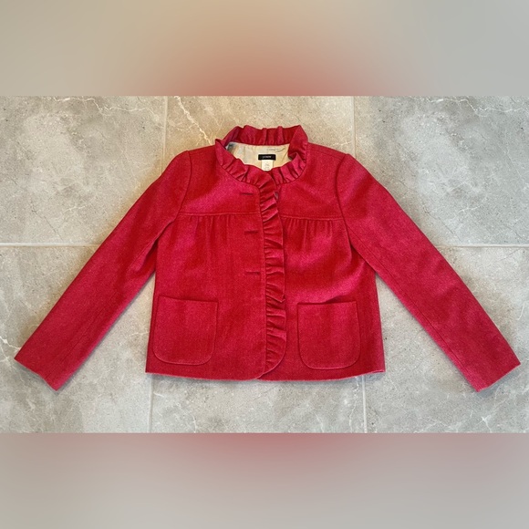 J.CREW Fiona Blazer Red Herringbone Ruffle Wool | Size 2 Womens - Picture 4 of 10